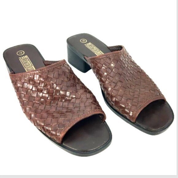 Leather Collection ladies Brown slides chunky 10 Woven Heel Sandal vtg y2k 90s - Picture 12 of 12